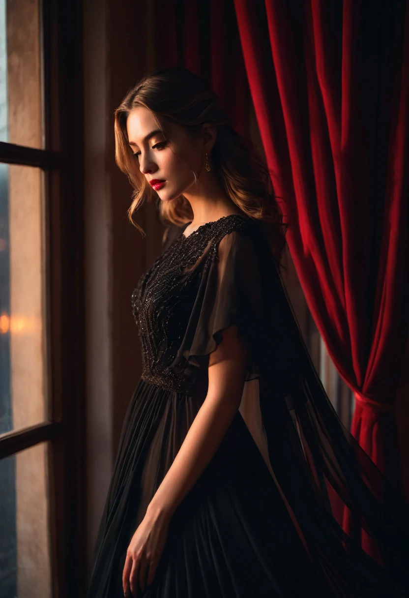 closeup shot, woman in a dress standing in front of a window, romanticism, in evening gown, flowing gown, wearing a flowing dress, mysterious woman, haunting beautiful young woman, wearing a black flowing dress, flowing dress, woman in dress, extremely moody red lighting,