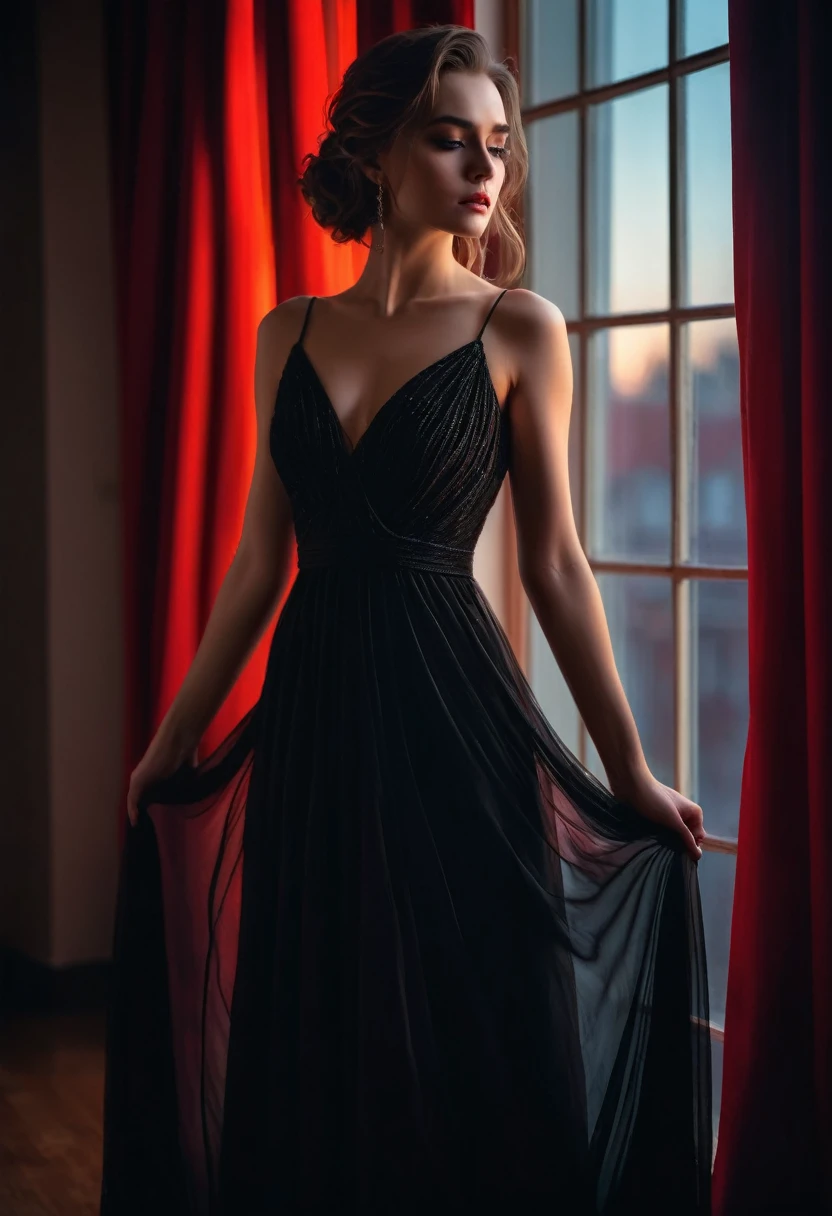 closeup shot, woman in a dress standing in front of a window, romanticism, in evening gown, flowing gown, wearing a flowing dress, mysterious woman, haunting beautiful young woman, wearing a black flowing dress, flowing dress, woman in dress, extremely moody red lighting,
