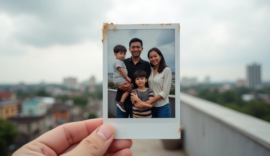A photograph held by a hand shows a family of four standing together in an outdoor setting, likely on a rooftop or balcony. The family consists of a father, mother, and two children. The father, dressed in a dark shirt, is holding the younger child in his arms while the mother, wearing a light-colored blouse, stands beside him with her hand on the older child's shoulder. The older child, dressed in a striped shirt, stands in front of the mother, slightly leaning against her. The background features a cloudy sky and a city skyline with buildings visible in the distance. The photograph itself is slightly worn, with visible creases and minor damage around the edges