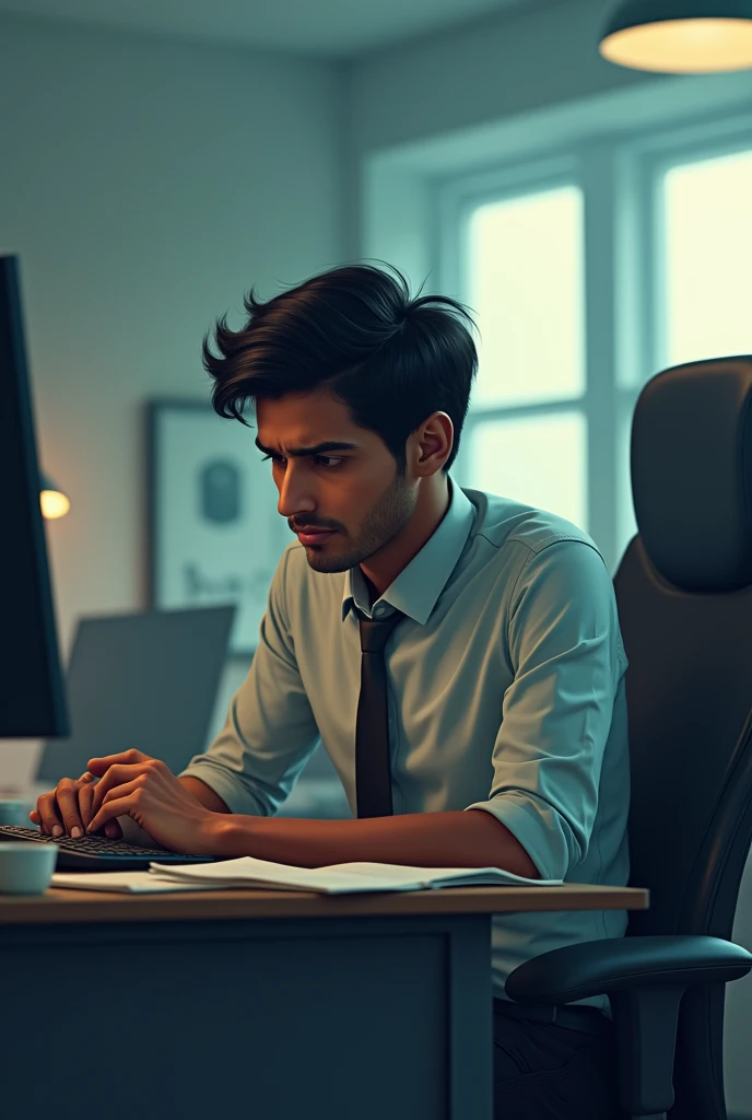 Indian young employee on his office desk, looking sad