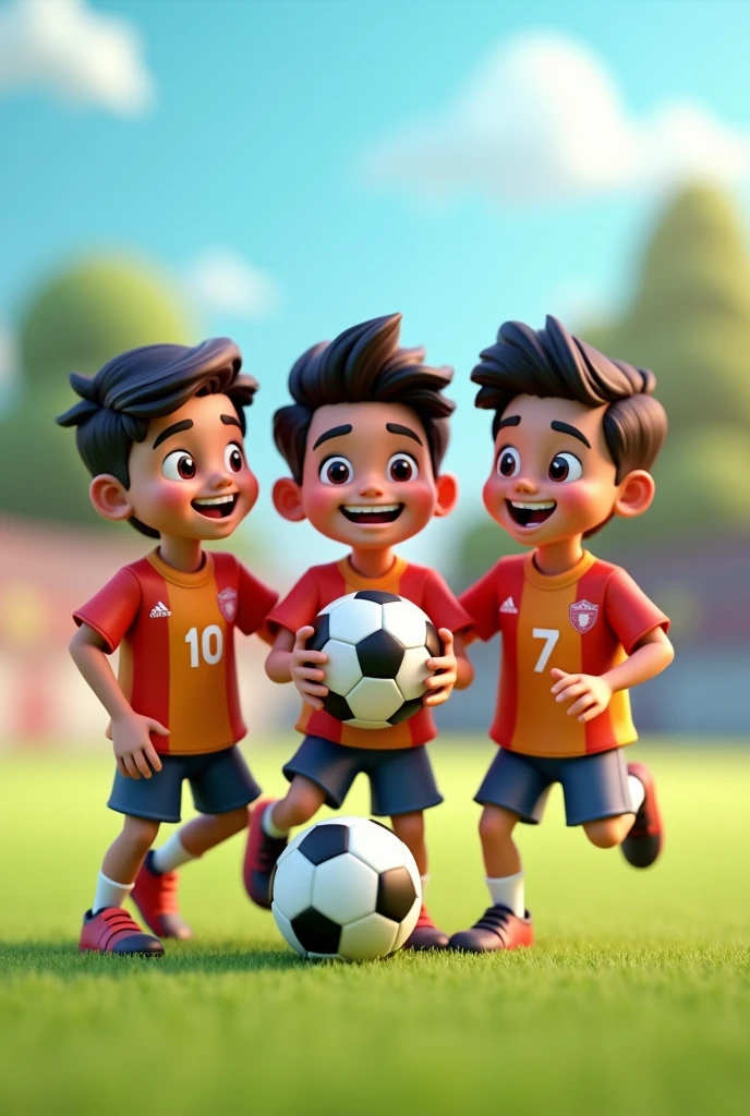 3 friends in a football team the boy name jersey name shubham jerseys number 10 and another jersey name Sukit jersey number 7 and last jrmersey name arjun Jersey number 7 hold a football 3d image cartoon