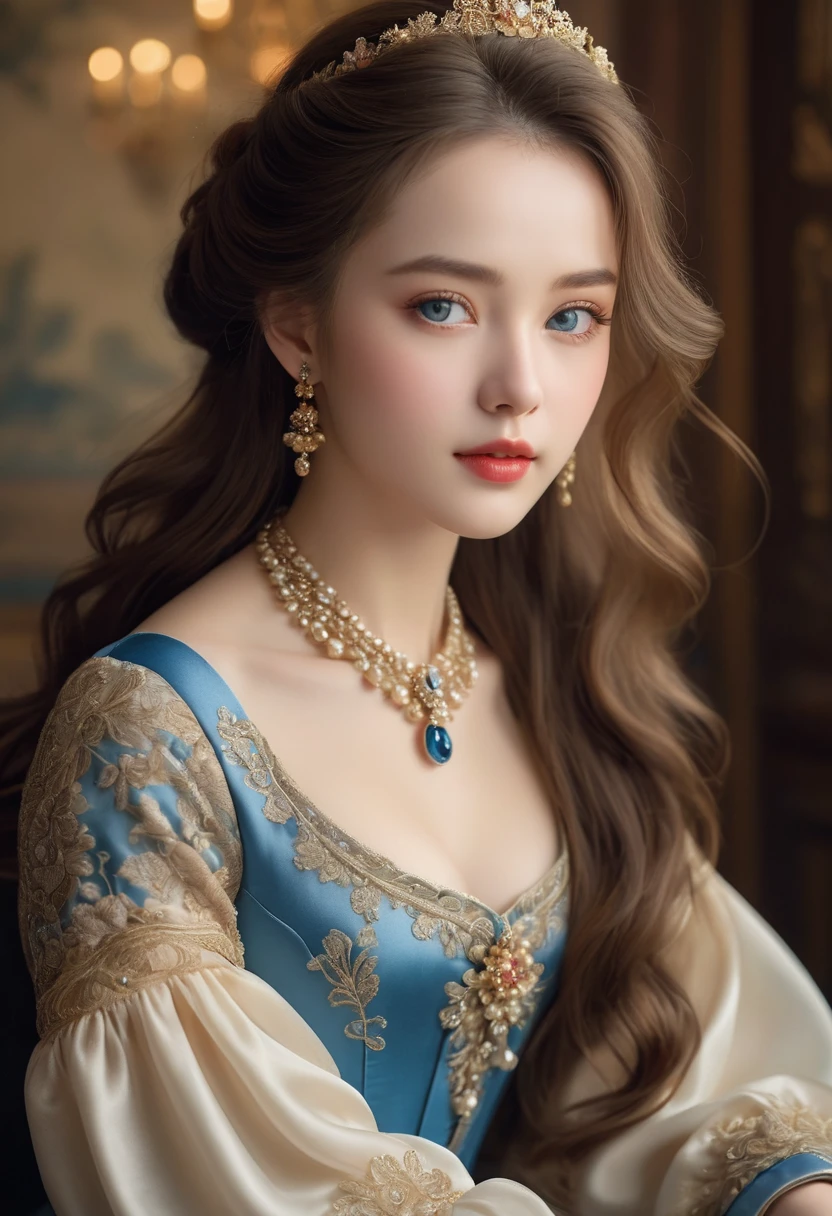 (best quality,4K,8K,high resolution,masterpiece:1.2),Extremely detailed,(Practical,photoPractical,photo-Practical:1.37),portrait,,Pastel,personalized masterpiece,18th century,Russian,noble,girl,noble Daughter,,Extremely beautiful,Face,Has dark blue eyes,Delicate nose,Sweet mouth,Porcelain skin,红扑扑的Face,Flowing long hair,Silk dress,Elegant Posture,Fine Jewelry,Embroidered lace collar,Grand Background,Rich interior,Faint golden light
