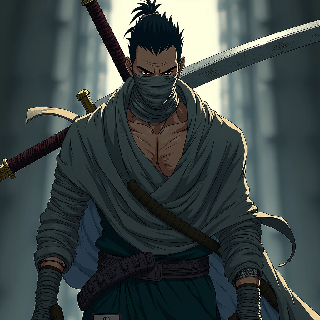 (masterpiece:1.2) (best quality) (detailed) (intricate) (8k) (HDR) (wallpaper) (cinematic lighting) (sharp focus), Zabuza from Naruto,a man wearing bandages allover his body and has a huge great sword, Naruto artstyle 