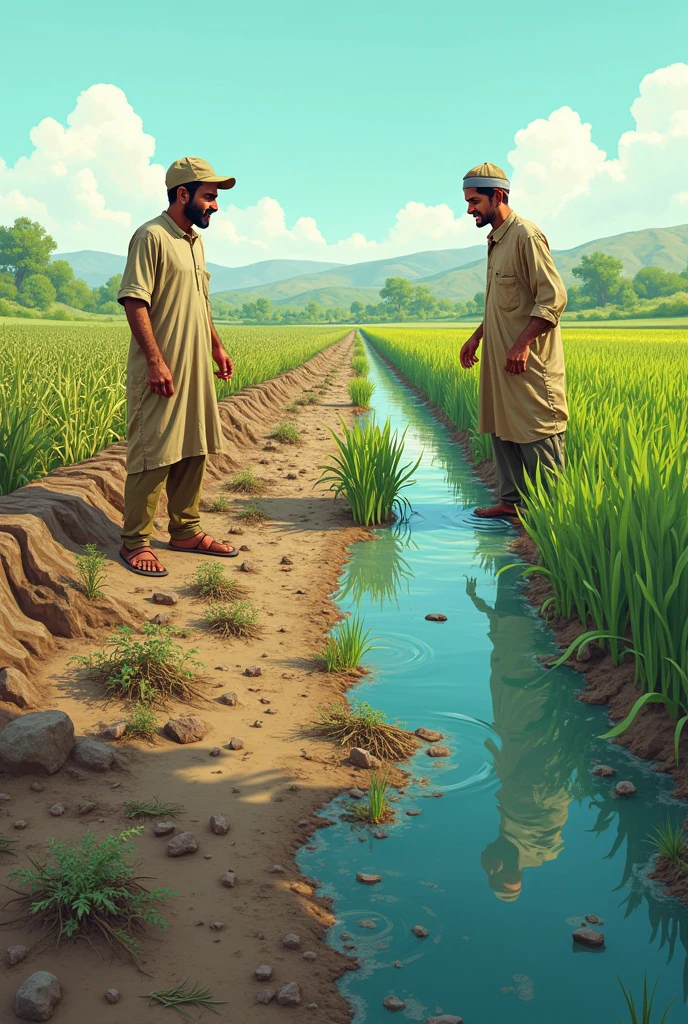 Illustration Two simple Pakistani farmers one side shows the contaminated water in agriculture field and its impacts on it and the other side shows the quality of water and their effects on agriculture in field 