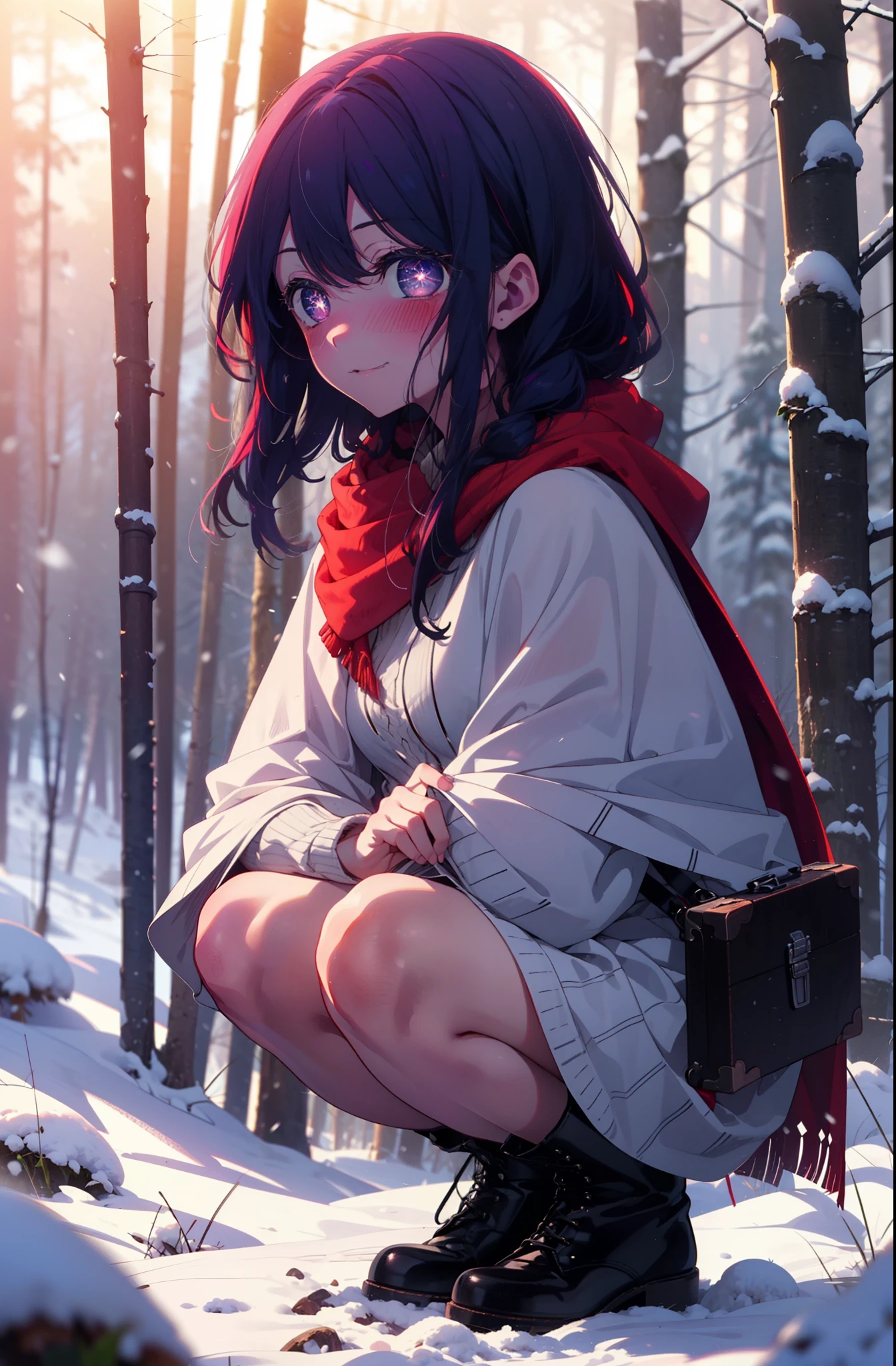 aihoshino, Ai Hoshino, Long Hair, bangs, (Purple eyes:1.1), Purple Hair, (Symbol-shaped pupil:1.5), smile,,smile,blush,white breath,
Open your mouth,snow,Ground bonfire, Outdoor, boots, snowing, From the side, wood, suitcase, Cape, Blurred, , forest, White handbag, nature,  Squat, Mouth closed, Cape, winter, Written boundary depth, Black shoes, red Cape break looking at viewer, Upper Body, whole body, break Outdoor, forest, nature, break (masterpiece:1.2), Highest quality, High resolution, unity 8k wallpaper, (shape:0.8), (Beautiful and beautiful eyes:1.6), Highly detailed face, Perfect lighting, Highly detailed CG, (Perfect hands, Perfect Anatomy),