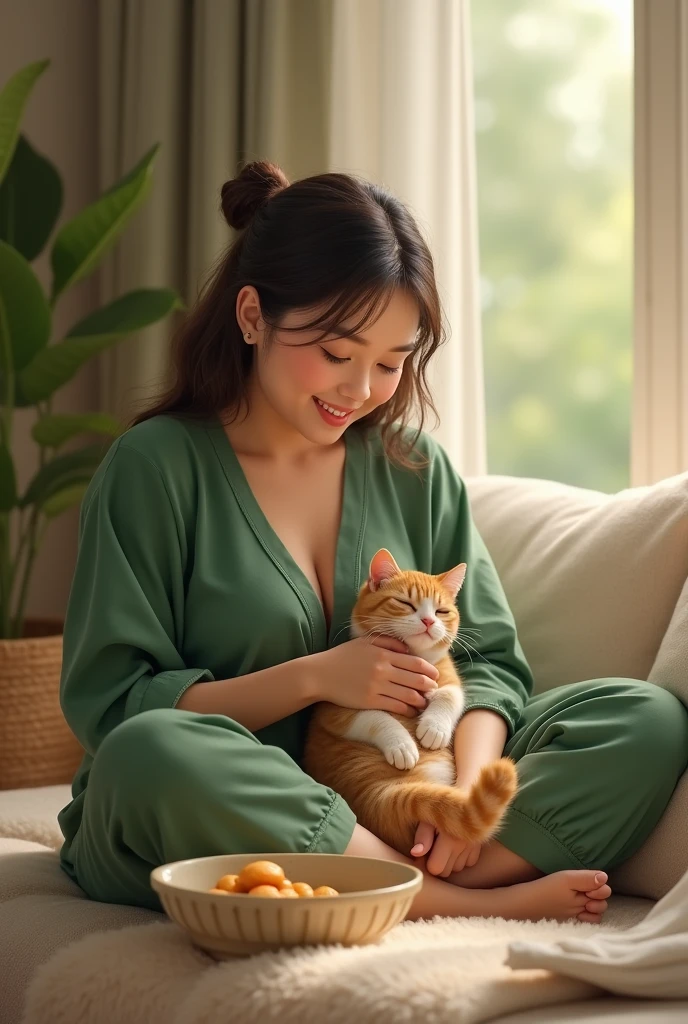 A 35-year-old Thai woman with a plump and beautiful figure wearing a relaxed, green outfit is playing with a cat and snacks.