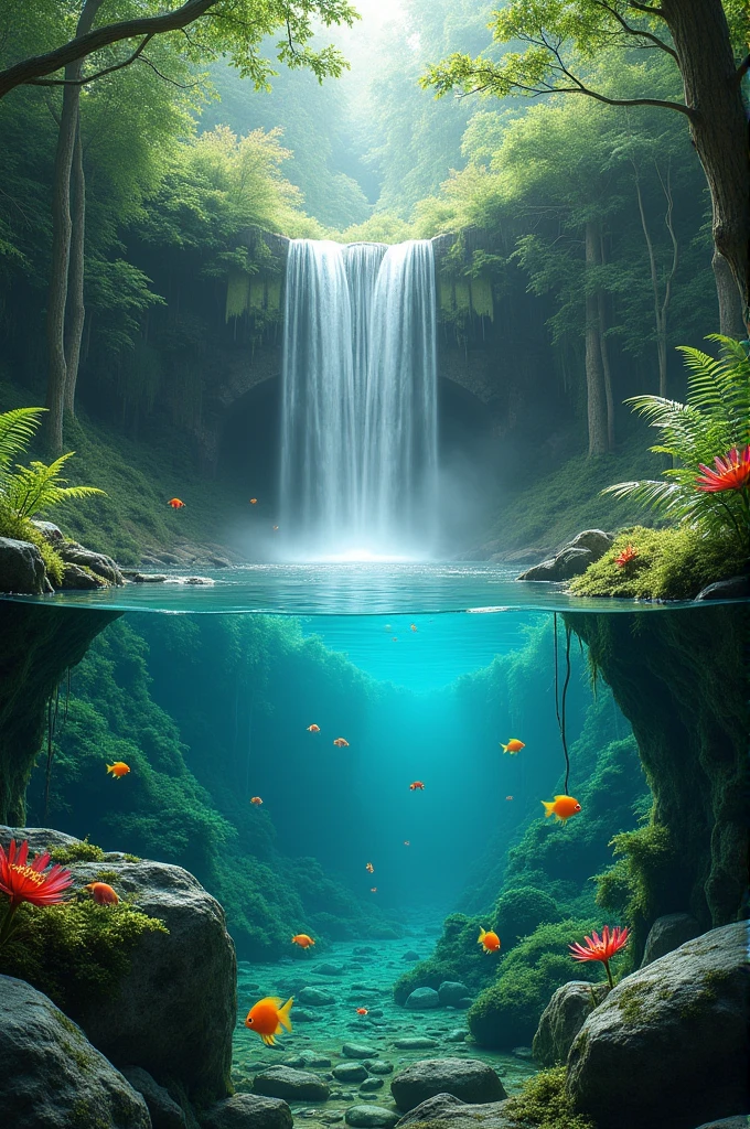 image that in the forest has waterfall and i can see the under water,fish,colourful flowers and make me peaceful when i see the image and make it looks like reality