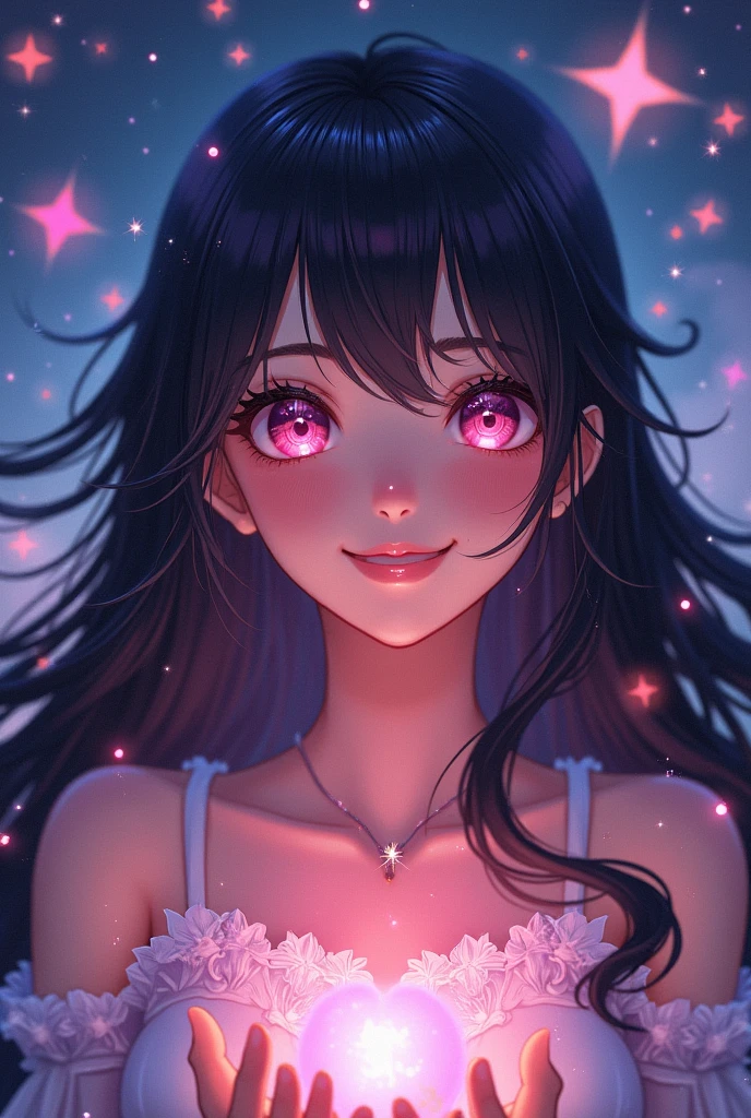 1girl magical girl smile long hair black hair pink eye star