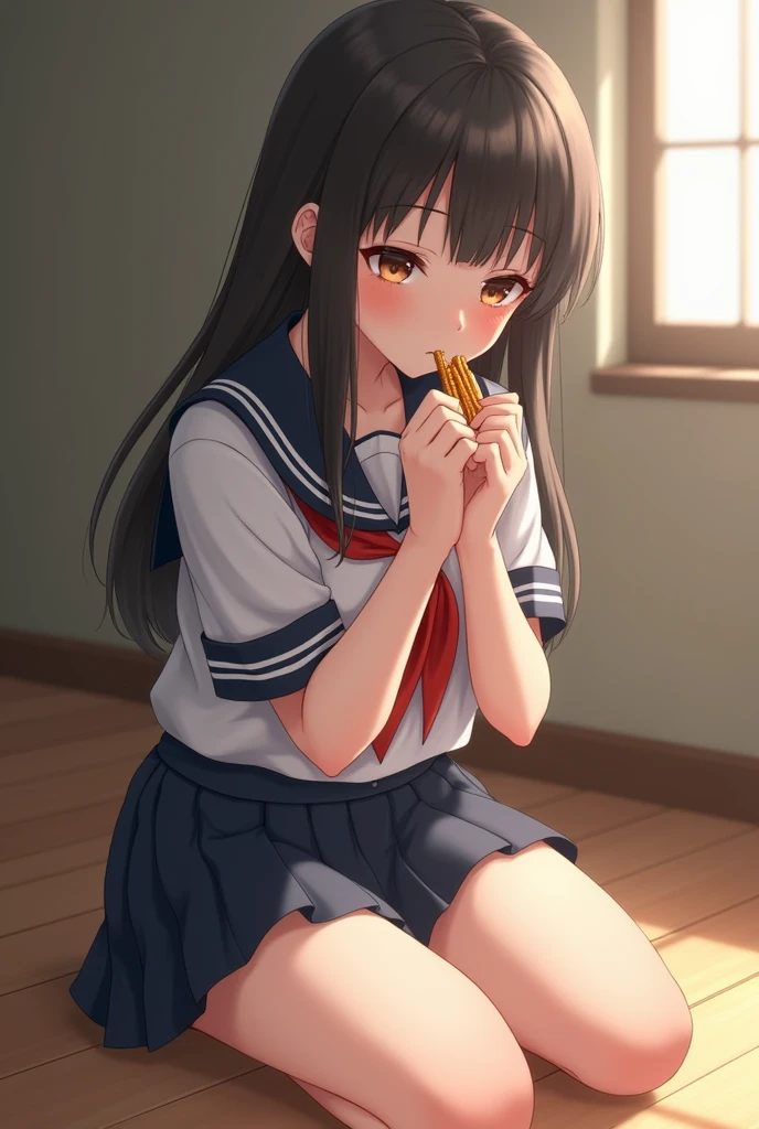 Woman Dressed in a School Uniform Sailor Uniform with Short Skirt Realistic style Eating pokis sitting on the floor shyly very realistic