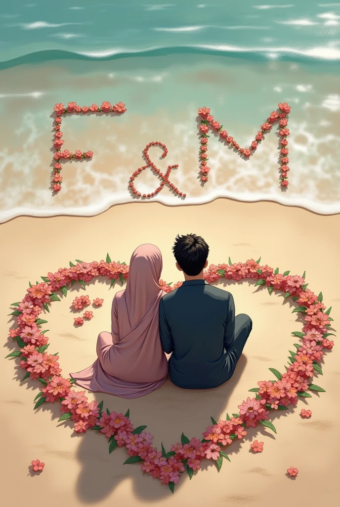 Couple sitting at beach write letter f and M behind them in sand circled with heart circle must be made of flowers girl wearing hijab and don’t show their face