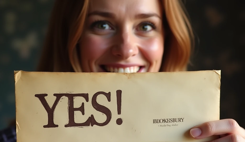 A close-up of a single letter from Bloomsbury with a ‘Yes’ stamped on it, with an image of J.K. Rowling in the background, smiling with tears in her eyes