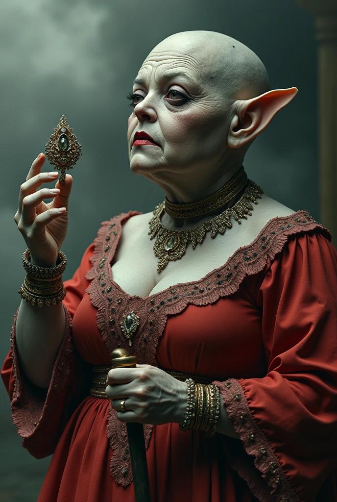 Best image quality, masterpiece, strange looking female creature, very short neck, wearing red antique clothes, very heavy makeup, looking up at ornate jewelry, holding a cane, rough skin, deep wrinkles, detailed skin expression, gray skin (blendless skin), cement-like skin, large and plump woman, detailed image texture, grotesque, horror, eerie atmosphere (not AI image), cloudy weather