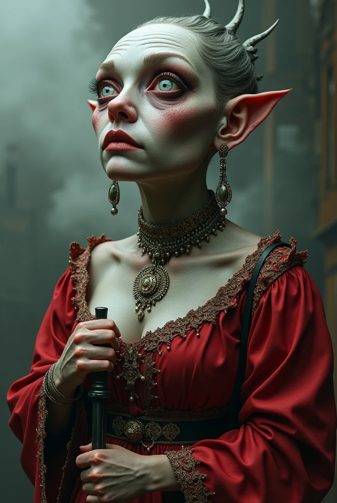 Best image quality, masterpiece, strange looking female creature, very short neck, wearing red antique clothes, very heavy makeup, looking up at ornate jewelry, holding a cane, rough skin, deep wrinkles, detailed skin expression, gray skin (blendless skin), cement-like skin, large and plump woman, detailed image texture, grotesque, horror, eerie atmosphere (not AI image), cloudy weather