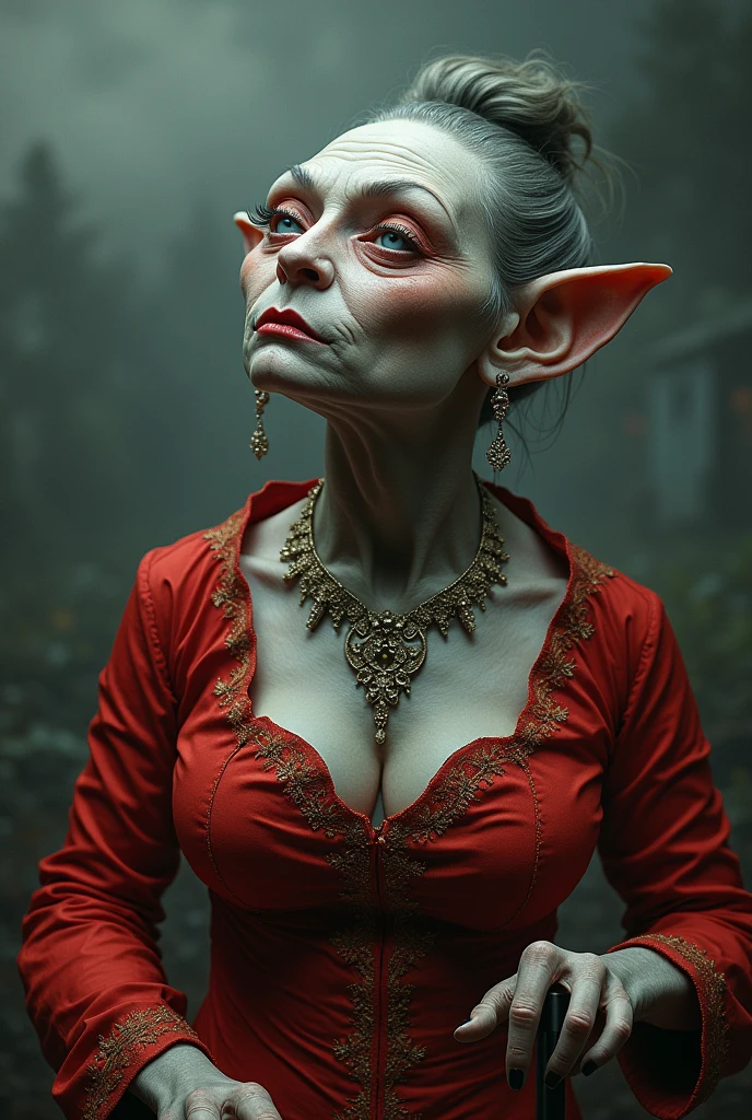 Best image quality, masterpiece, strange looking female creature, very short neck, wearing red antique clothes, very heavy makeup, looking up at ornate jewelry, holding a cane, rough skin, deep wrinkles, detailed skin expression, gray skin (blendless skin), cement-like skin, large and plump woman, detailed image texture, grotesque, horror, eerie atmosphere (not AI image), cloudy weather
