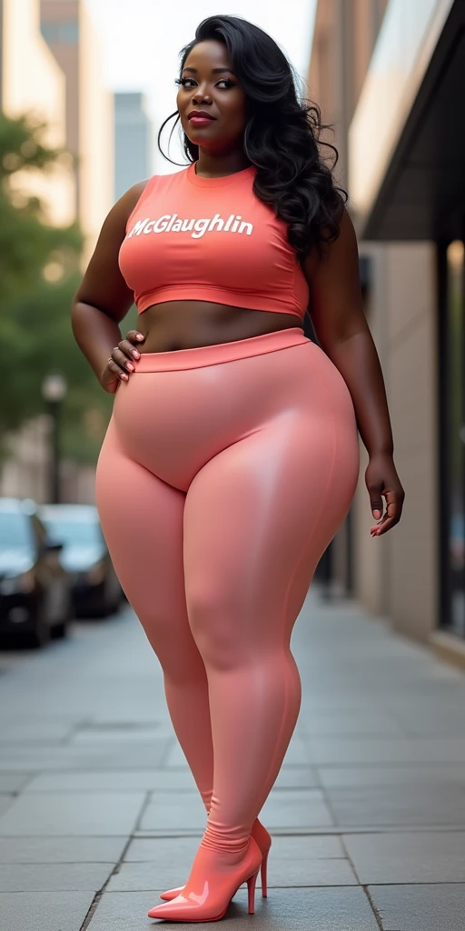 EXTREMELY MASSIVE BUTTOCKS, translucent pastel plastic leggings, UHD, city sidewalk, She's a dark skin melanin Queen with tiny paper-thin waist, side body, coral 🪸 blouse says "McGlaughlin", best quality, swanky hair, High resolution image, muscular abs + tiny thin waist:2, no nudity