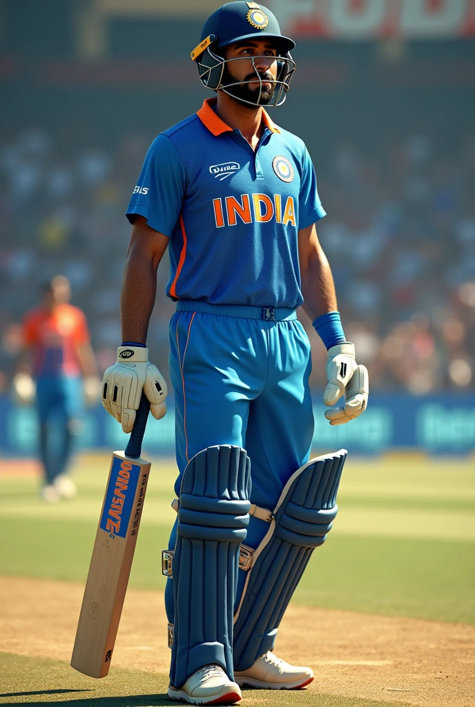 Give me a jersey number of 19，Cricket player with INDIA written on his jersey, Look from diagonally above, The other hand holds a cricket bat drop shadow, anaglyph, stereogram, tachi-e, ass pov, atmospheric perspective, 8k, super detail, best quality