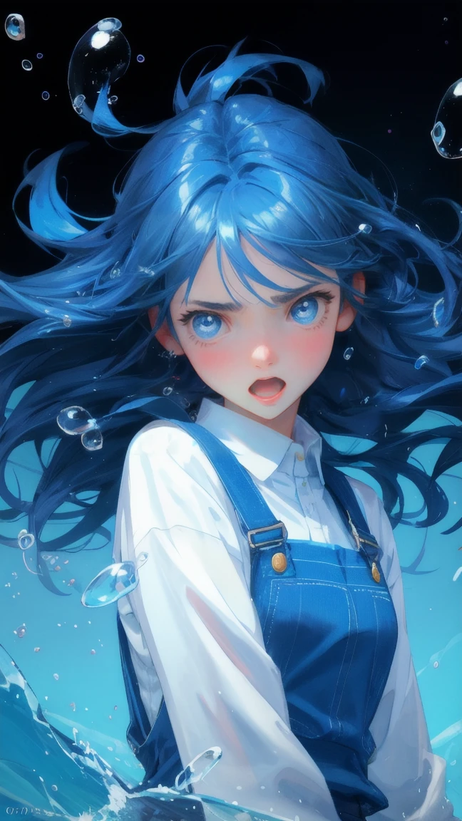Create an image with a blue-themed background, featuring a beautiful, cute girl in place of the frustrated creature. The girl should have an exaggerated expression of frustration, with wide eyes and an open mouth, as if shouting. She is surrounded by water splashes and floating bubbles, capturing the same intense emotion and dynamic energy. The text 'STUCK TRANSACTION' should remain in the image, with the overall atmosphere conveying a humorous take on the situation.