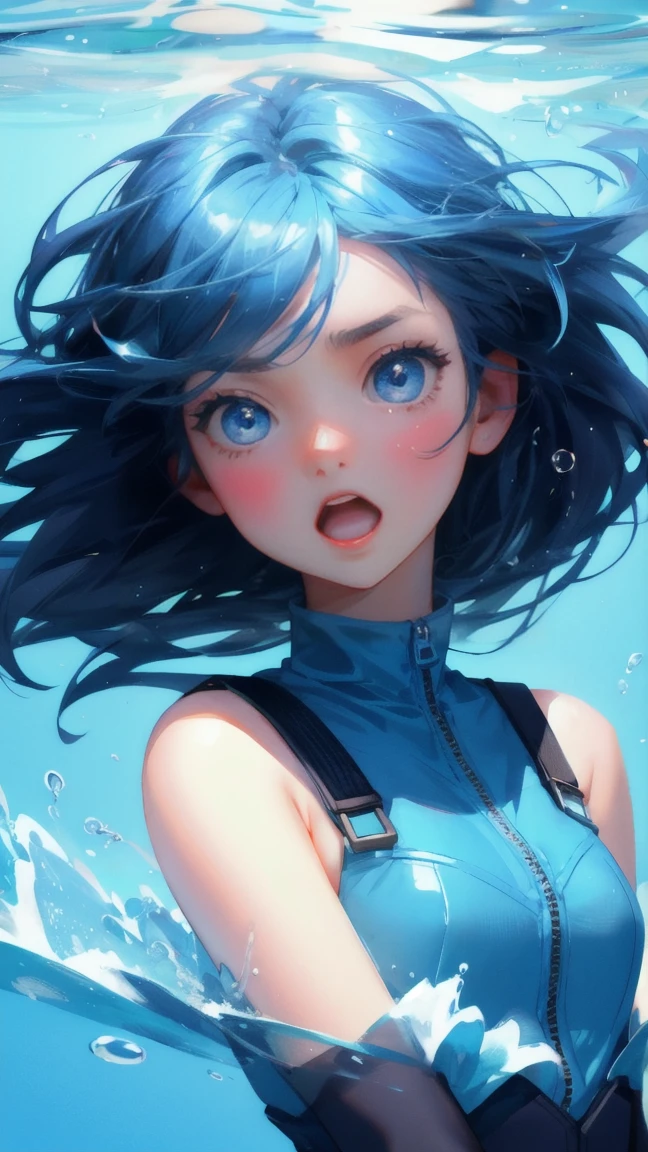 Create an image with a blue-themed background, featuring a beautiful, cute girl in place of the frustrated creature. The girl should have an exaggerated expression of frustration, with wide eyes and an open mouth, as if shouting. She is surrounded by water splashes and floating bubbles, capturing the same intense emotion and dynamic energy. The text 'STUCK TRANSACTION' should remain in the image, with the overall atmosphere conveying a humorous take on the situation.