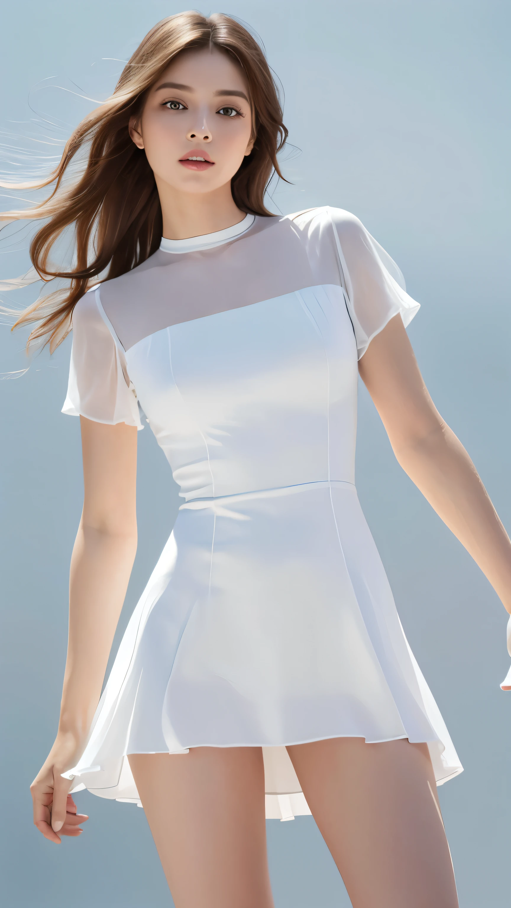 Highest quality,masterpiece,Ultra-high resolution,(Actual:1.4),Original photo,Ultra-high resolution,8K,There are also women,Fair skin、Transparent short-sleeved one-piece white dress
Long legs:1.5,Bright and beautiful,high waist,Flashy makeup,Gray background,