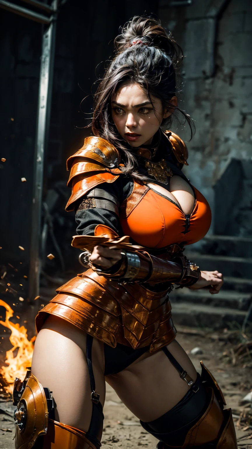 forest,mountain, fighting pose,, hxarmour,1girl,(orange armour:1.3),, ultra-detailed,extremely delicate and beautiful,(by exquisite colors block),masterpiece,best quality,unreal engine 5 rendering,movie light,movie lens,movie special effects,detailed details,HDR,UHD,8K,CG wallpaper, ((huge perky breasts)), tight armour , full metal chest plate, (9fighting stance, fighting training ))