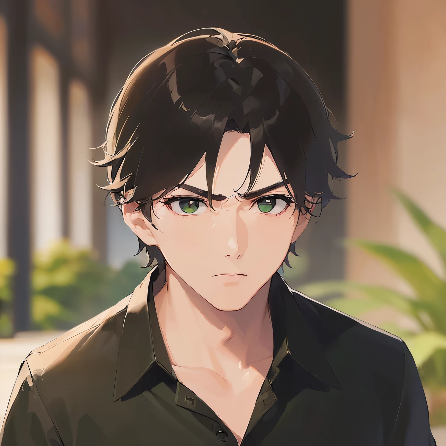 (looking away:1.5),upper body、
shiny skin, masterpiece、Highest quality、
(25-year-old male:1.5) and (Brown short hair) and (Green Eyes),
(black collared shirt:1.5) ,
furrowed brow、confused,park、(alone:1.5)