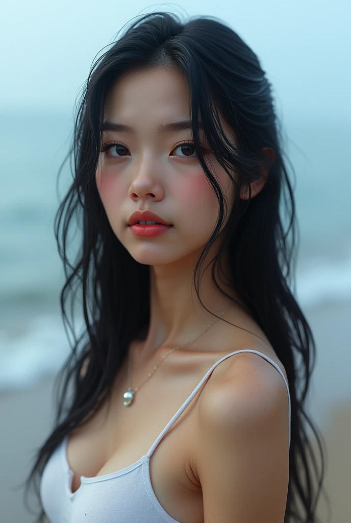 A photorealistic image of a young woman with long wet black hair and soft, radiant skin, standing on a beach during a misty morning. she wearing white tanktop with water droplets on her skin, big eyes, black eye,shighlighting her delicate features. Her deep eyes and subtle makeup enhance her natural beauty, complemented by the serene, soft blue background of the sea and sky. The atmosphere is tranquil and slightly moody.