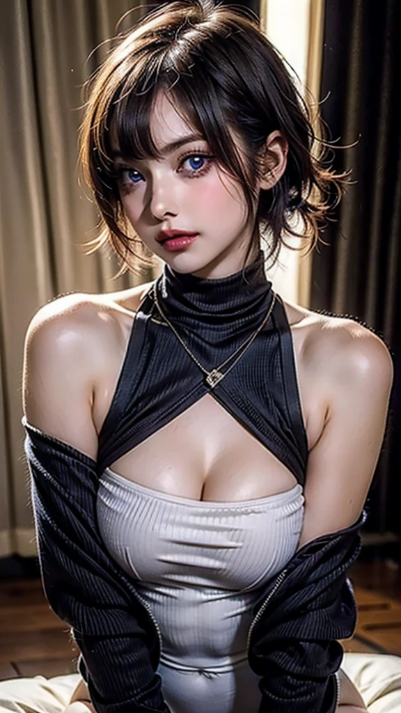 ((Beautiful Face:1.4)),cyber punk edgerunners, One person, Nozomi (cyber punk), Exposing shoulders, blue eyes, chest, leotard, View your viewers, medium chest, Off the shoulderジャケット, Off the shoulder, Red eyeliner, short hair, sleeveless turtleneck leotard, alone, turtleneck leotard, Gray Hair, ((masterpiece)) (Highest quality, masterpiece),