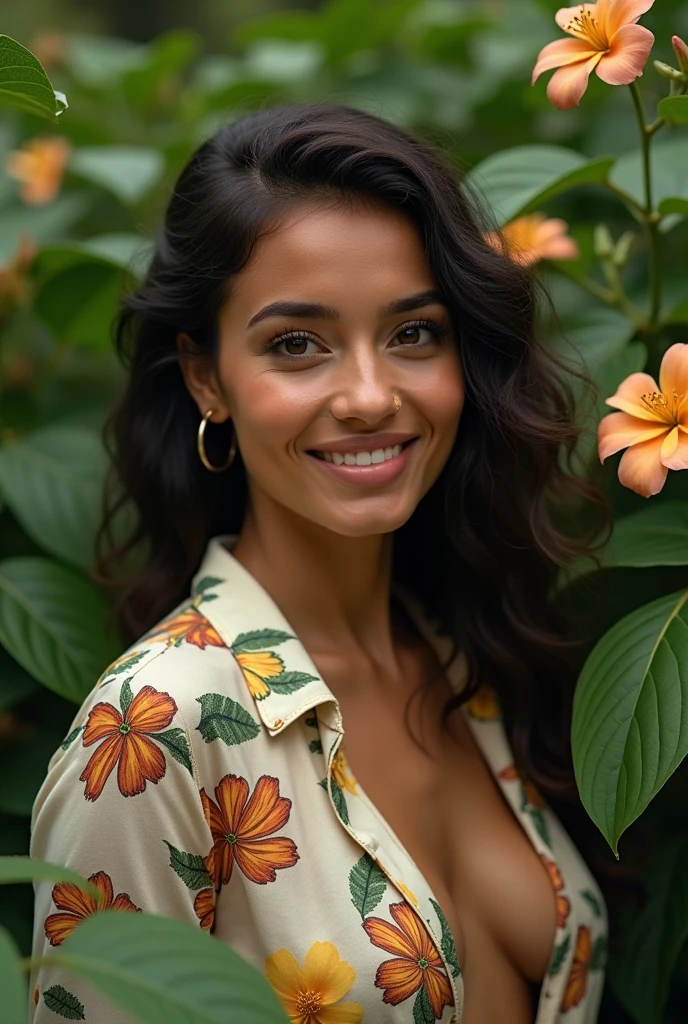 A Brazilian woman in a lush tropical garden, wearing an open shirt with a floral print, with a close-up capturing the harmonious beauty between her breasts and the natural flowers, showing off your natural charm and outgoing personality.