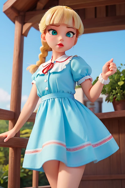 female、16age、Blonde、With her bangs up, her forehead is visible、Green Eyes、Red lipstick、Braided ponytail、Blue and light blue dress、Red eyeliner、cheek、