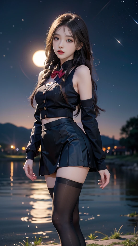 Best quality at best, tmasterpiece,, illustratio, the wallpaper,1 girl,perverted gal, Extremely detailed eyes and face, 美丽细致的眼睛, the shy, natural_lamplight, Glow,NSFW, clean Skysky, looking at viewert, Outdoor activities, night Skysky, As estrelas (Skysky), Loafer shoes, black pantyhoses, blue bowtie, hair straight, Purple petals, Purple and blue flowers, Red eyes, pony tails, blueribbon,White hair, thick_upper legs, , red eyes,