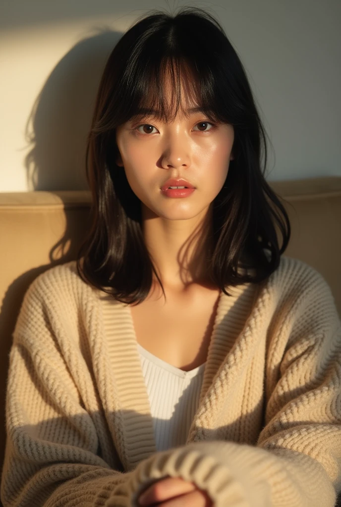 A close-up of a young woman with straight, shoulder-length black hair, styled with a middle part. She is wearing a cozy, oversized beige cardigan with a soft texture, sitting on a beige couch. Her expression is calm and slightly serious, with natural makeup highlighting her features. The background is simple and neutral, with a soft shadow cast on the wall behind her, adding depth to the scene. The overall atmosphere is warm and introspective, with a focus on the woman’s serene presence
