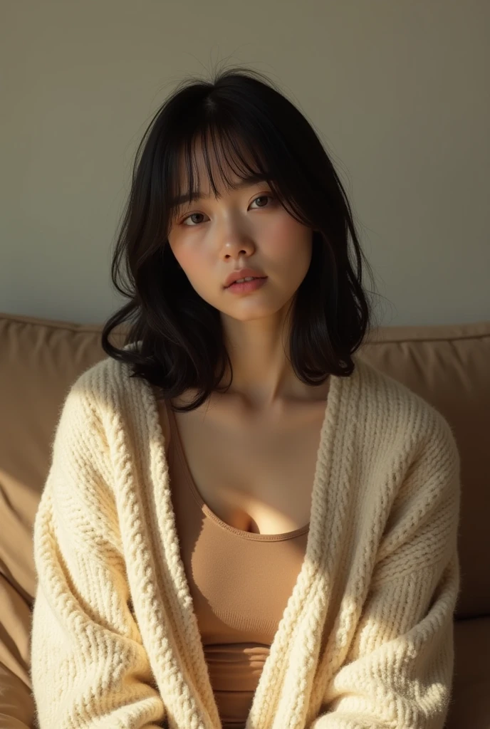 A close-up of a young woman with straight, shoulder-length black hair, styled with a middle part. She is wearing a cozy, oversized beige cardigan with a soft texture, sitting on a beige couch. Her expression is calm and slightly serious, with natural makeup highlighting her features. The background is simple and neutral, with a soft shadow cast on the wall behind her, adding depth to the scene. The overall atmosphere is warm and introspective, with a focus on the woman’s serene presence