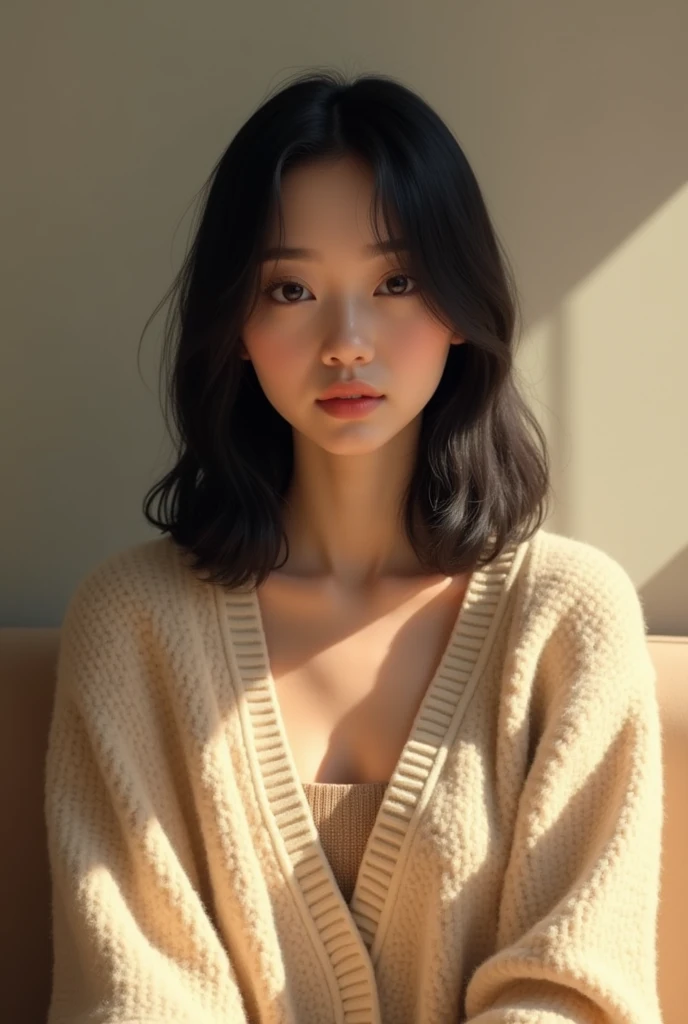 A close-up of a young woman with straight, shoulder-length black hair, styled with a middle part. She is wearing a cozy, oversized beige cardigan with a soft texture, sitting on a beige couch. Her expression is calm and slightly serious, with natural makeup highlighting her features. The background is simple and neutral, with a soft shadow cast on the wall behind her, adding depth to the scene. The overall atmosphere is warm and introspective, with a focus on the woman’s serene presence