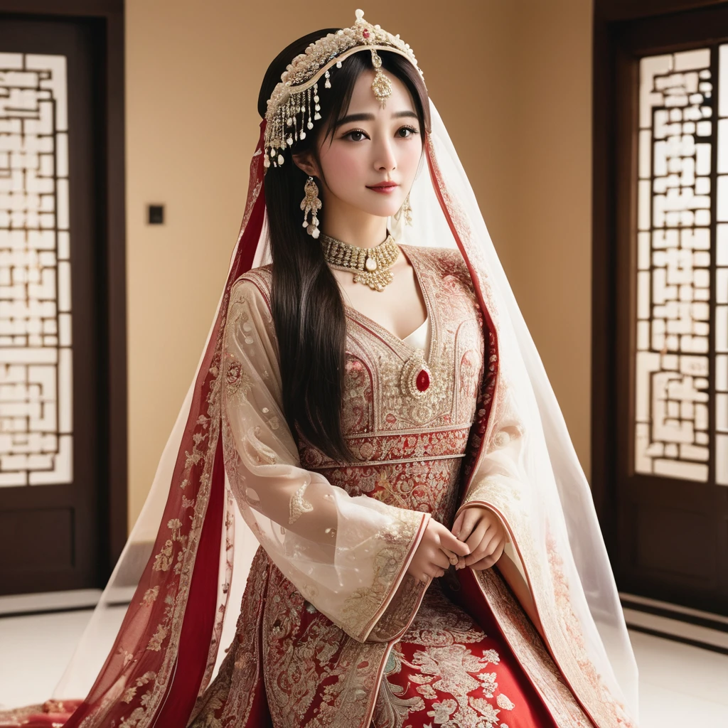 ((Highest quality)), ((masterpiece)), (detailed), (Perfect Face)、The woman is Aoki Reika, with medium-long hair, wearing an Arabic traditional wedding dress.、At an Arab wedding hall, a woman is getting married to a middle-aged, bearded Arab oil tycoon.