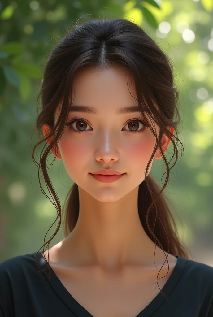 A realistic portrait of a young American woman with light skin, straight, light brown hair tied back, and soft facial features. She has large, expressive brown eyes and a gentle smile. The background is blurred and natural, with green foliage, giving the impression of an outdoor setting. The woman is wearing a simple dark-colored top, and the lighting is natural, with soft shadows highlighting her face.