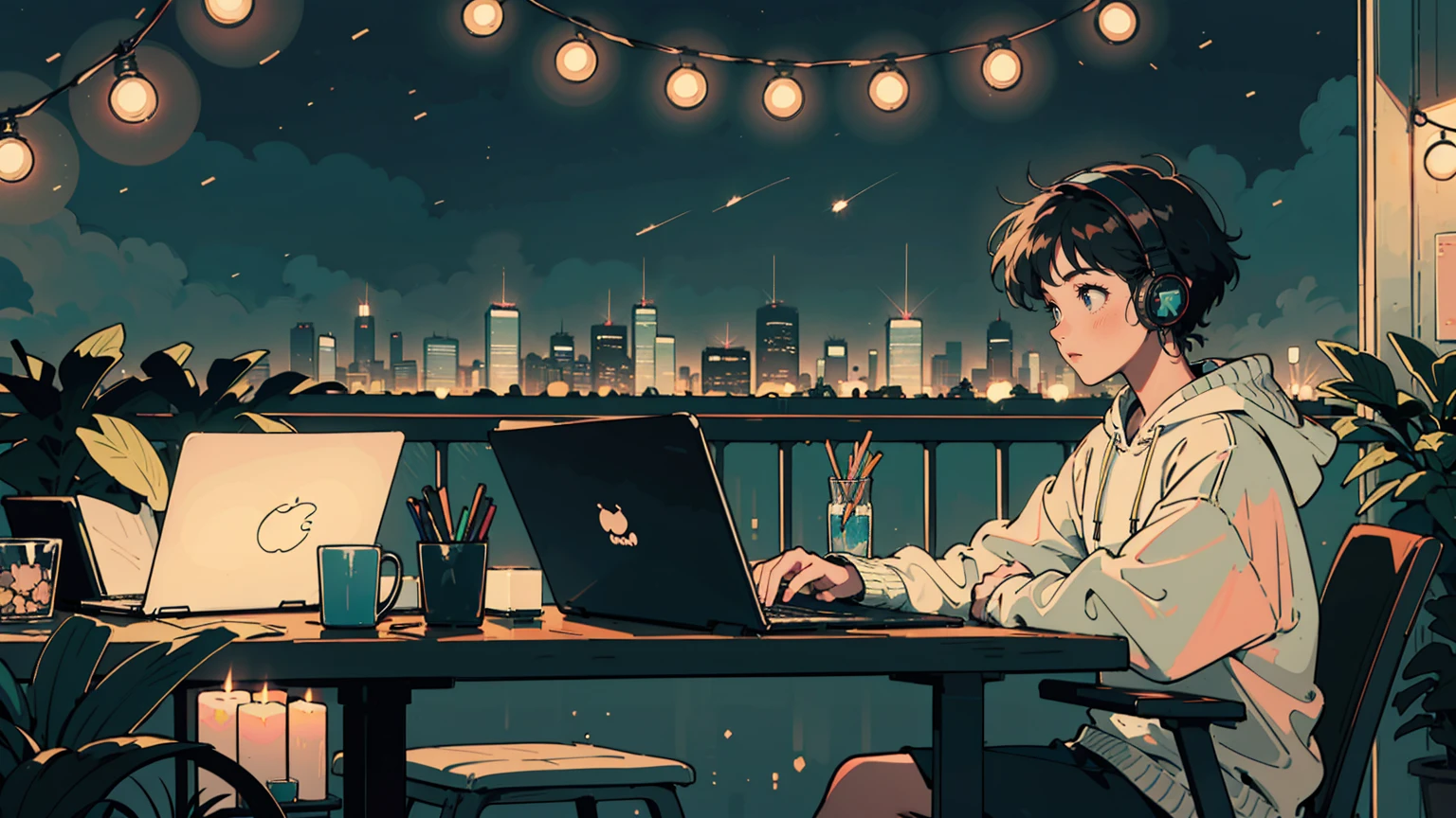Cozy night balcony workspace, anime style, young woman sitting and working on laptop, wearing headphones and oversized hoodie. Cat silhouette on railing, small animal toy nearby. String lights and potted plants hanging, starry night sky backdrop. Warm ambient lighting from candles and fairy lights. City skyline in distance. Lofi aesthetic. Various colors in the image.