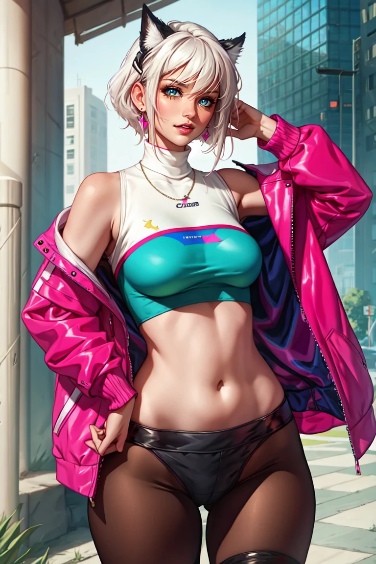 Cyberpunk edgerunners, 1 Girl, Lucy (Cyberpunk), 裸Off-shoulder膀, blue eyes, breast, Tights, Looking at the audience, medium breast, Off-shoulder夹克, Off-shoulder, Red Eyeliner, short hair, sleeveless turtleneck Tights, Solitary, turtleneck Tights, White hair, ((masterpiece)) (best quality, masterpiece)