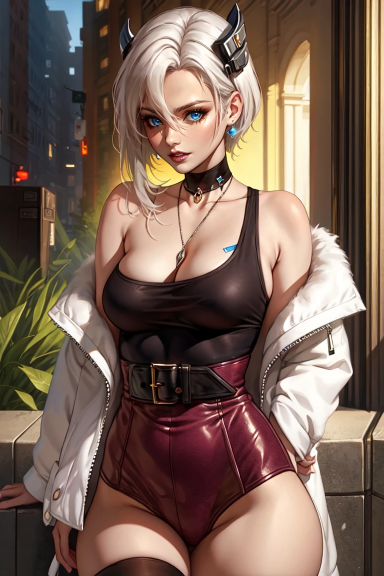((Best quality)), ((Masterpiece)), (Detailed: 1.4), 16k, girl,very long hair loose, white hair, shiny hair, blown hair, ((red eyes)), (( eyes emitting red glow), detailed eyes, large breasts, skin texture, extremely detailed skin, tanned skin, thin waist, red lips, open mouth, vampire teeth, large vampire fangs, blood dripping from mouth, extremely detailed full moon , perfect hands, big red nails, open leather jacket, micro shorts