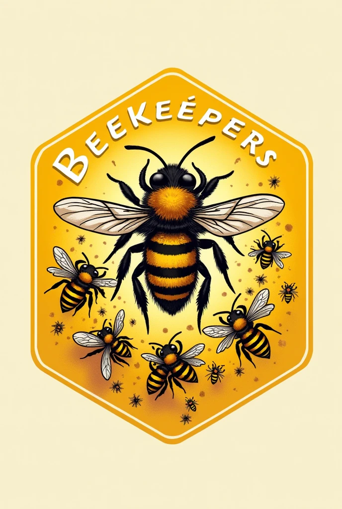 Logo with writing: beekeepers MJC Trégunc A beautiful bee and bees flying all surrounded by a yellow frame