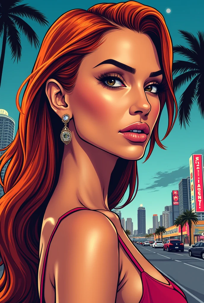 Dessin contour trait epais portrait femme style gta rousse fond ville miami