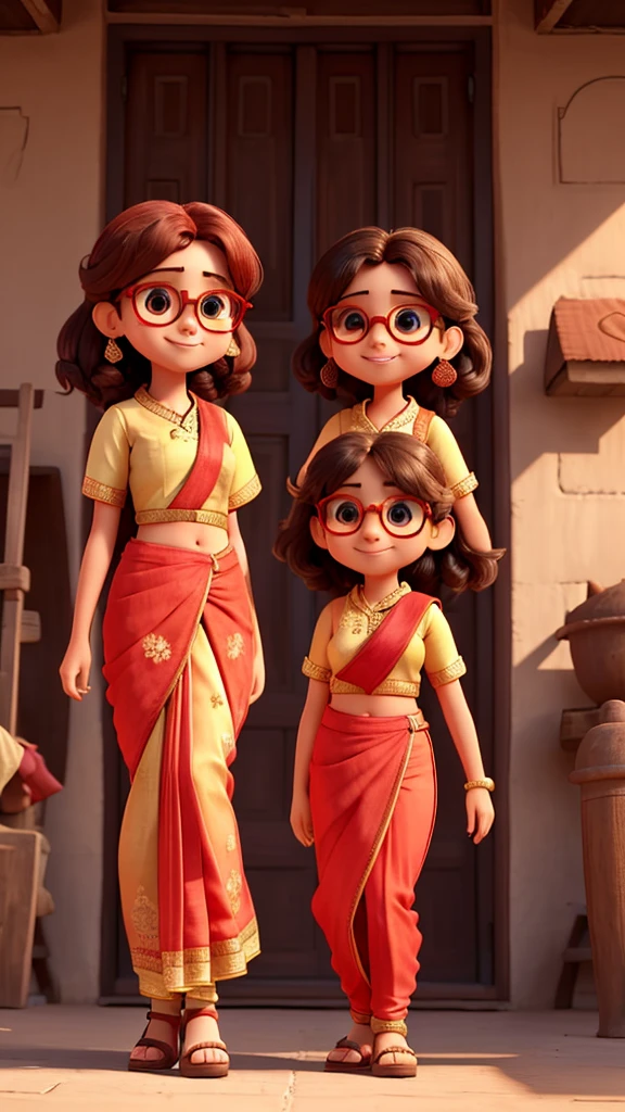 There are 2 girls, age of girls is 30 year, were Indian saree of red colour with mini blouse with sunglasses with smile face going into market