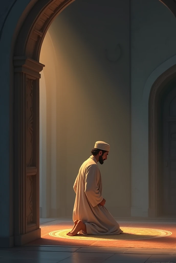 A muslim man waking up in mid night in a the dull light room and praying on the prayer mat on the floor . Create an animated picture of this that looks animated and also real with beautiful colors