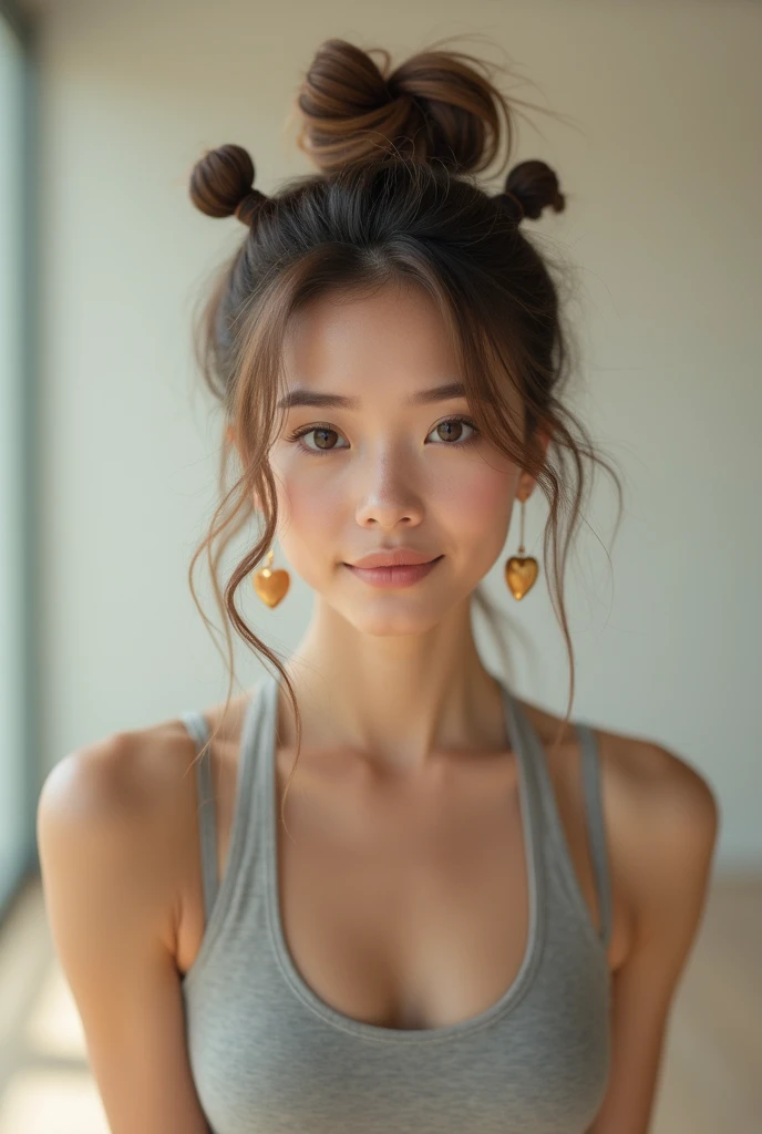 mulher fazendo exercício com roupas fitness zeal, streaked hair, hair bun, hair bobbles, heart-shaped pupils, heart earrings, light smile, Minimalism, Romanticism, motion blur, blurry, fading border, blurry foreground, Canon, best quality