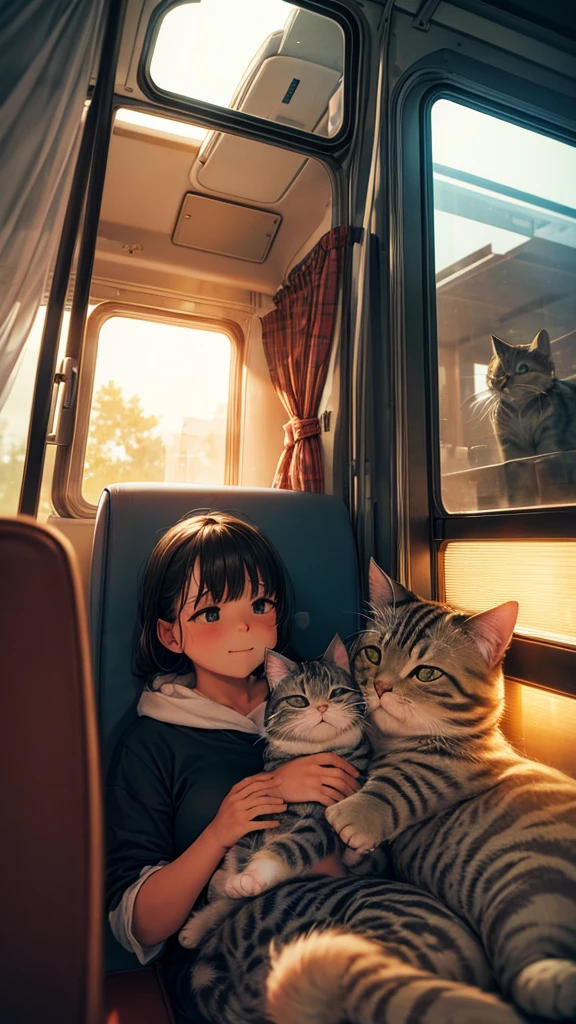 The chubby cat and his kitten settle into a cozy seat on the bus, the kitten curling up on his lap. Sunlight filters through the windows, casting a warm glow on their matching fur. They gaze out the window, their reflections blending with the passing scenery.