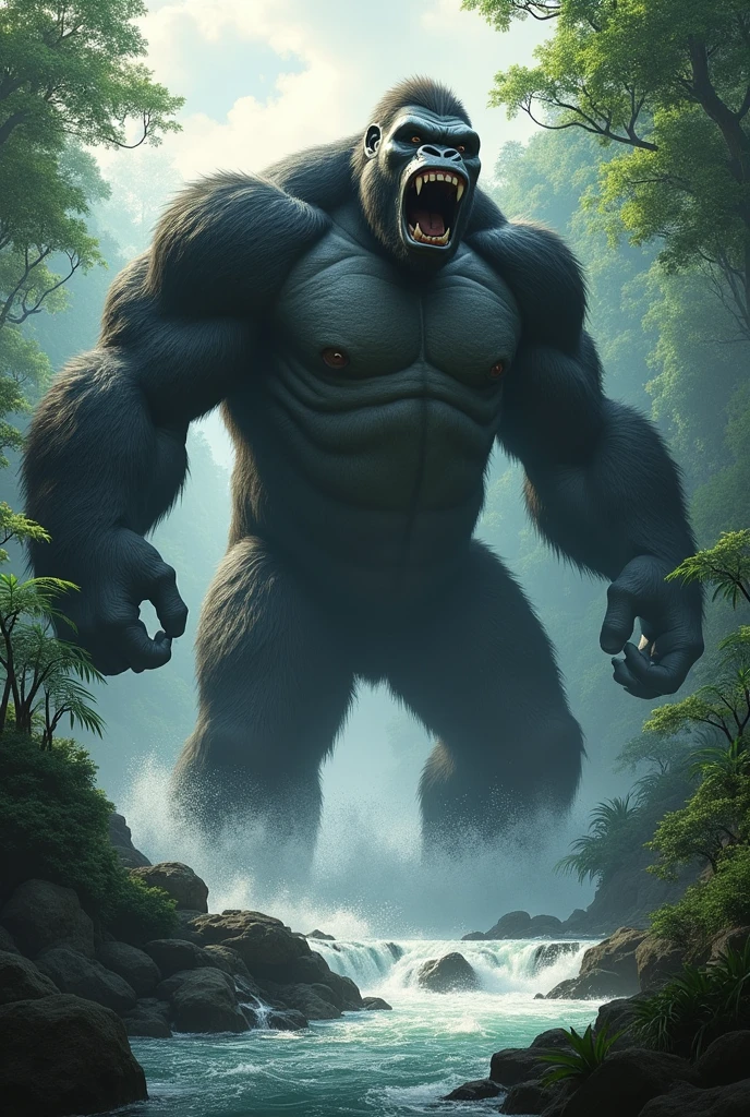 Picture King Kong in an angry mood within the dense jungle, situated near a roaring river. Envision the towering ape's massive form, muscles tensed, and fur bristling with frustration. The jungle foliage surrounds him, emphasizing the primal fury as he glares towards an unseen source of agitation. The river's tumultuous flow adds to the intensity of the scene, capturing the raw power and untamed nature of King Kong in his enraged state within this lush and formidable environment.
