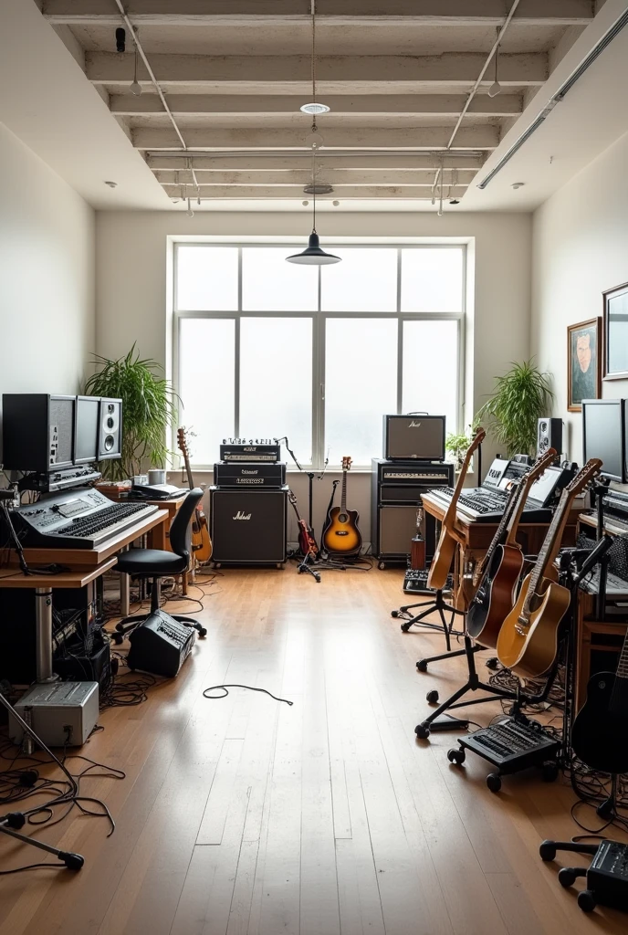 Room full of guitar amps, mic stands, drums, guitar and basses, Random inatrument placement. Landscape picture, In the large recording studio. White studio,