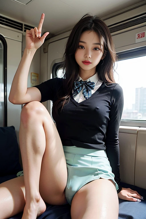 (((Accentuate your sexy bust:1.75)))、(((Sexy Knee High:1.35)))、((((Emphasizes sexy crotch:1.35)))、((((Spread your legs wide、Touching the thigh、Show your crotch、thin pubic hair sticks out、large pointy breasts))))、((Boyfriend and girlfriend having sex in cowgirl position:1.5))、((Sexual pose:1.5))、((Spread legs POV:1.5))、、Browsing Caution、（Humans are biologically correct、reference） 、 Lose extra limbs Slim limbs Extra digits Mutated hands and fingers fusion Fingers slim Bad hands Long ugly Body anatomy Bad deformation Bad deformation No extra breasts、Not Futanari、Arabian Asian woman wearing short skirt and bow tie sitting on train, Cute school girl, Japanese Uniform, wearing Japanese School Uniform, Japanese School Uniform, a hyperRealistic school girl, Dressed as a high school girl, hyperRealistic school girl, Wearing uniform, Realistic school girl, In uniform, Wear, High school girl posing, whole body, Nice skin, Glowing Skin, Nice thighs,Shining thighs, Luminous legs, ((panties))