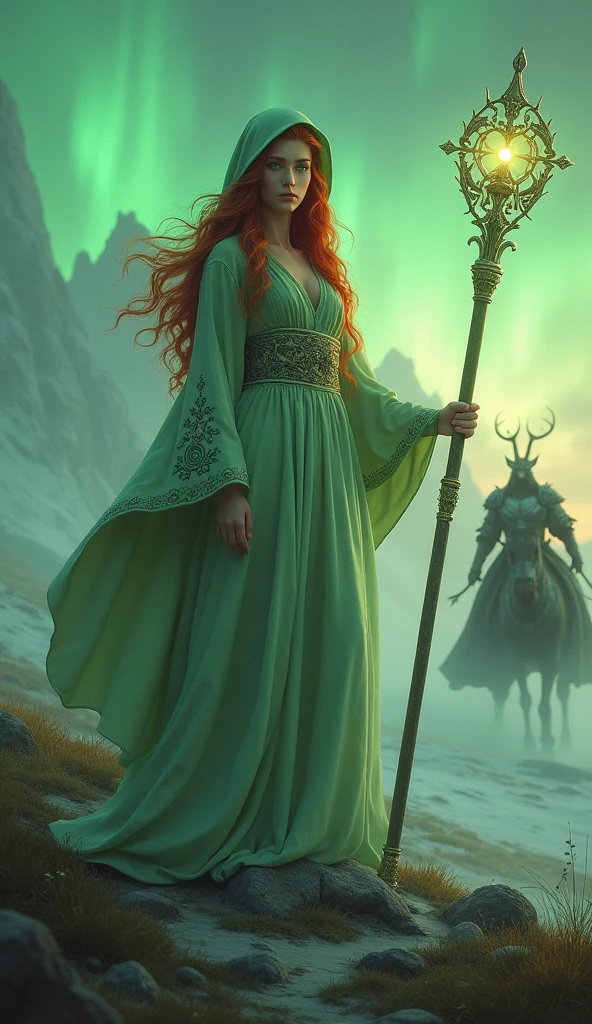 In a vast, mystical landscape, where the sky shimmers with the colors of the evening aurora, the graceful summoner Seraphina stands. Her long, flowing red hair is topped with a green hood, and her piercing green eyes are filled with determination. Her elegant robe, made of pale green cloth with magical symbols embroidered on the sleeves, billows gently in the breeze. In her hand is a staff that glows faintly with mystical energy. Seraphina summons Odin, a legendary knight clad in dark armor, riding his fierce steed Sleipnir. With a flash of his sword Zantetsuken, Odin moves with
