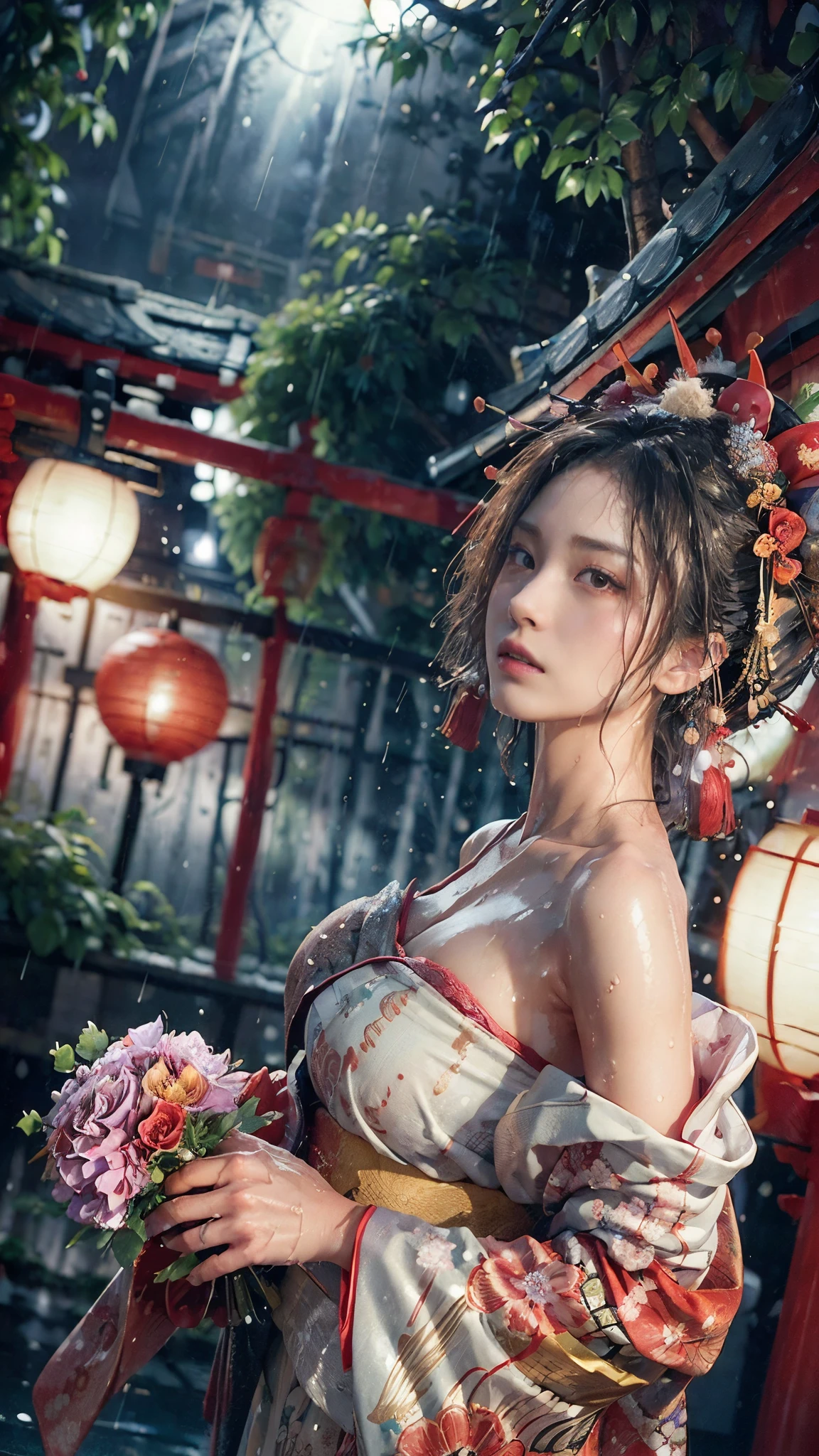 ((Low angle shooting:1.5)), (Photoreal:1.4, 8K, highest quality, masterpiece, ultra high resolution), ((heavy snow)), perfect dynamic composition:1.2, (In front of the shrine at night during the Taisho period, expression of sadness:0.9), (go up the stairs:0.9, View from directly below:0.9), Highly detailed skin and facial textures:1.2, Skinny prostitute in the rain:1.3, Fair skin:1.2, sexy beauty:1.1, perfect style:1.2, beautiful and aesthetic:1.1, very beautiful face:1.2, water droplets on the skin, (rain drips all over my body:1.2, wet body:1.2, wet hair:1.3), (Professional kimono dressing:1.1, Holding a wet bouquet:1.2, Wet Courtesan Costume:1.35), (Medium chest, Bra is sheer, Chest gap), (Big eyes that exude beautiful eroticism:0.8, Lips that exude beautiful eroticism:0.8, Too erotic:0.8, Bewitching:0.8), necklace, earrings, bracelet
