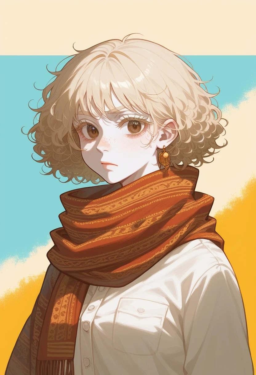 22 year old woman, has dark blonde curly hair styled in an updo and tied with a colorful red scarf.  Is a black woman with albinoism. Has African facial features, African Albino Has light blonde eyebrows, body hair and eyelashes. has brown eyes. Has no melanin in her skin due to being albino. Has peachy white skin. Has soft features and a button nose. African hair texture,
